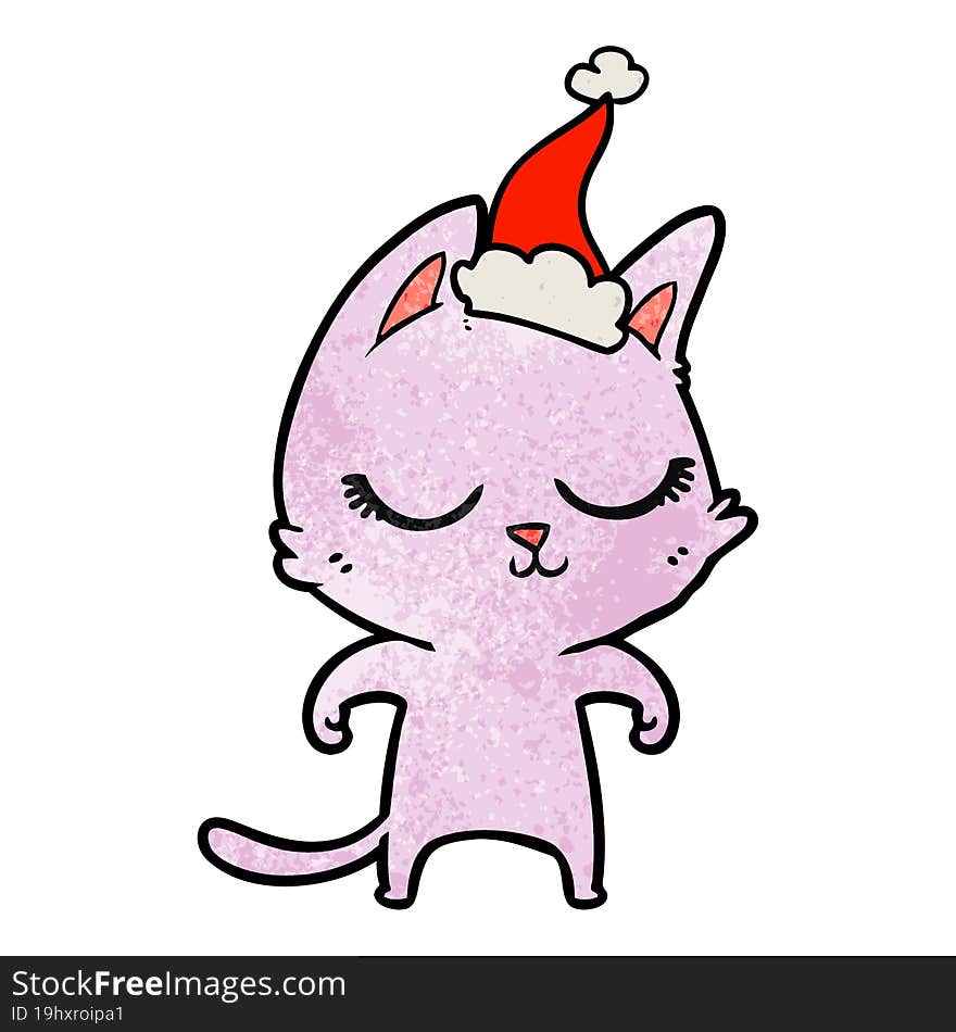 calm textured cartoon of a cat wearing santa hat