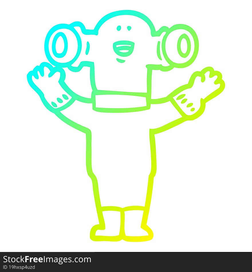 cold gradient line drawing of a friendly cartoon alien waving