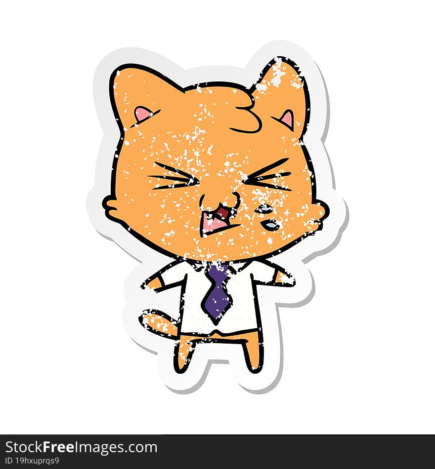 distressed sticker of a cartoon hissing cat