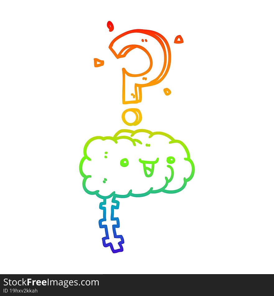 rainbow gradient line drawing of a cartoon curious brain