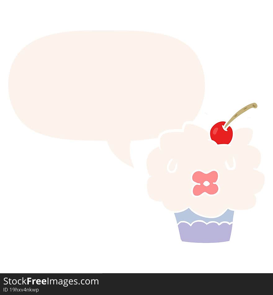 funny cartoon cupcake and speech bubble in retro style