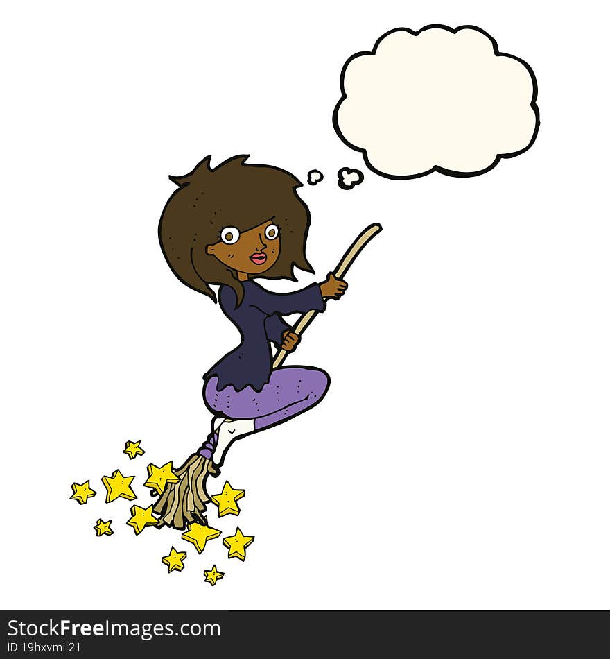 cartoon witch riding broomstick with thought bubble