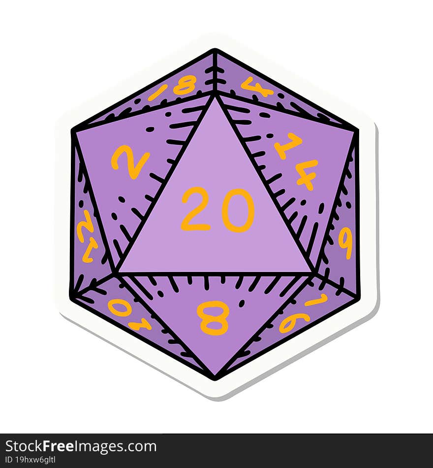 sticker of a natural 20 D20 dice roll. sticker of a natural 20 D20 dice roll