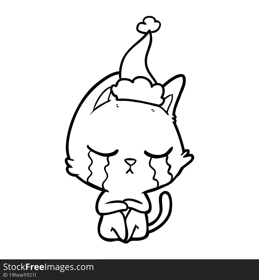 crying line drawing of a cat sitting wearing santa hat