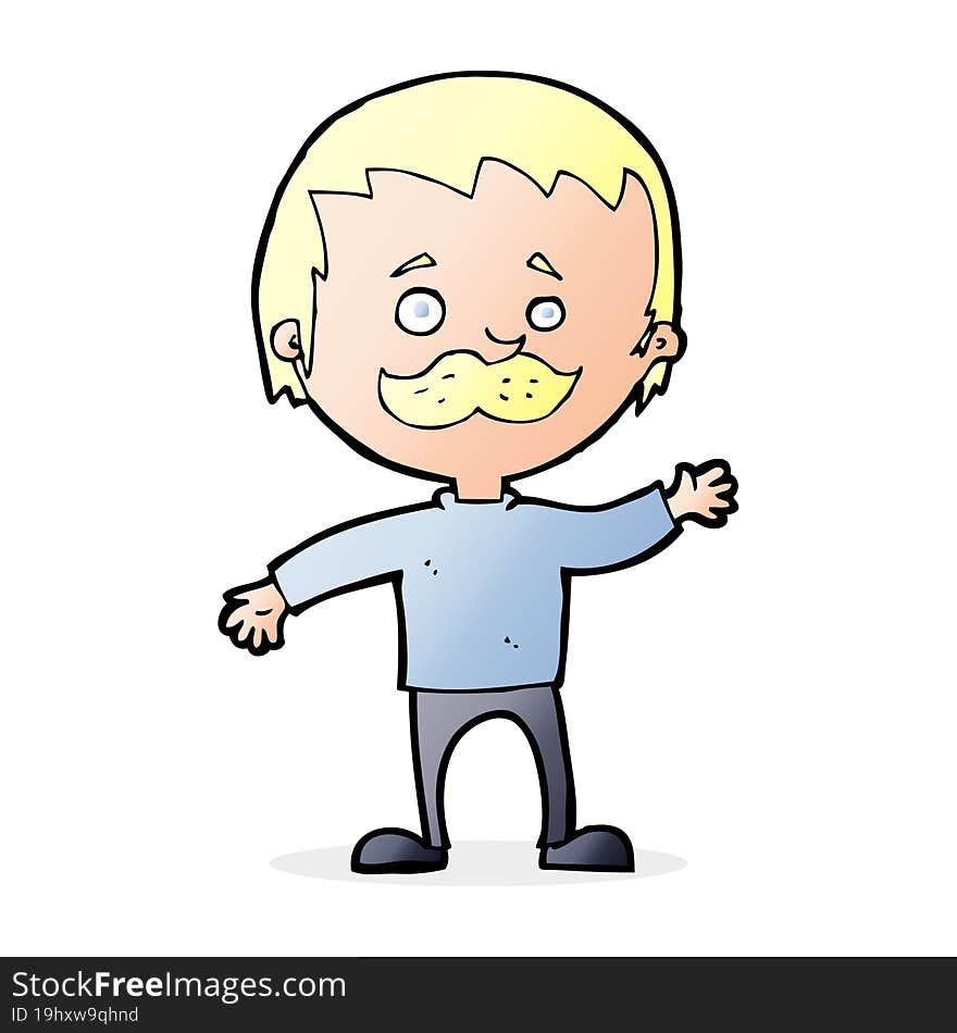 cartoon man with mustache waving