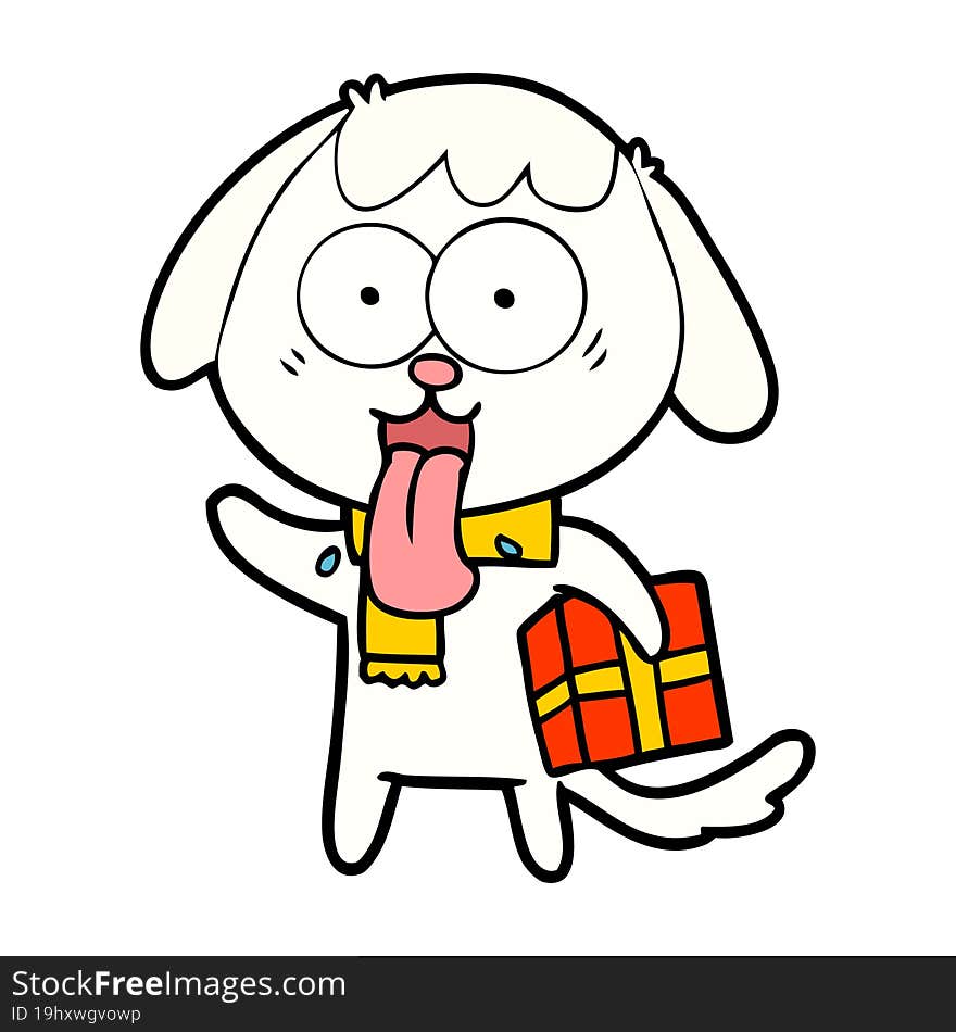 cute cartoon dog with christmas present. cute cartoon dog with christmas present