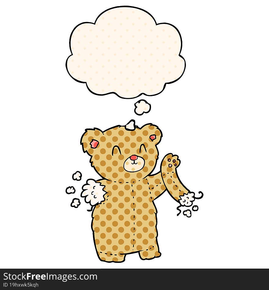 cartoon teddy bear with torn arm and thought bubble in comic book style