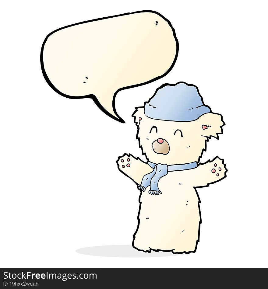 Cartoon Cute Polar Bear In Hat And Scarf With Speech Bubble