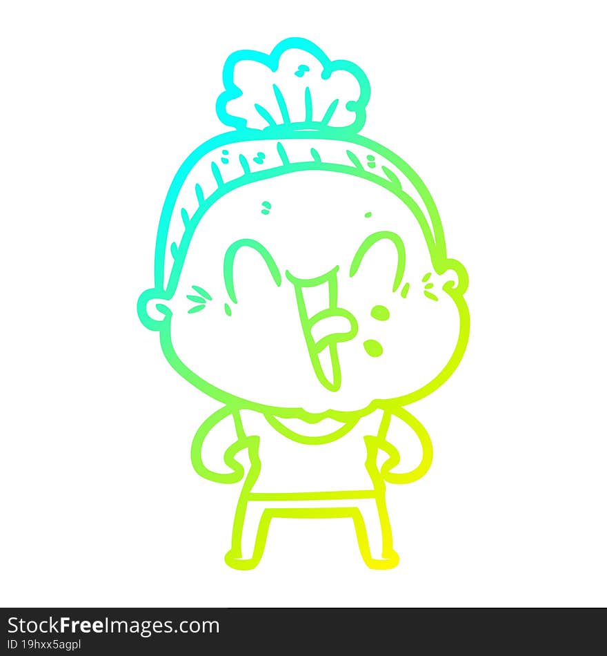 cold gradient line drawing of a cartoon happy old woman