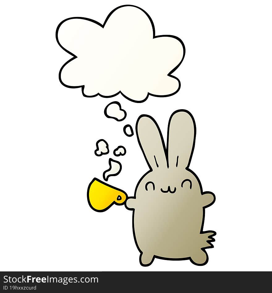 cute cartoon rabbit drinking coffee and thought bubble in smooth gradient style