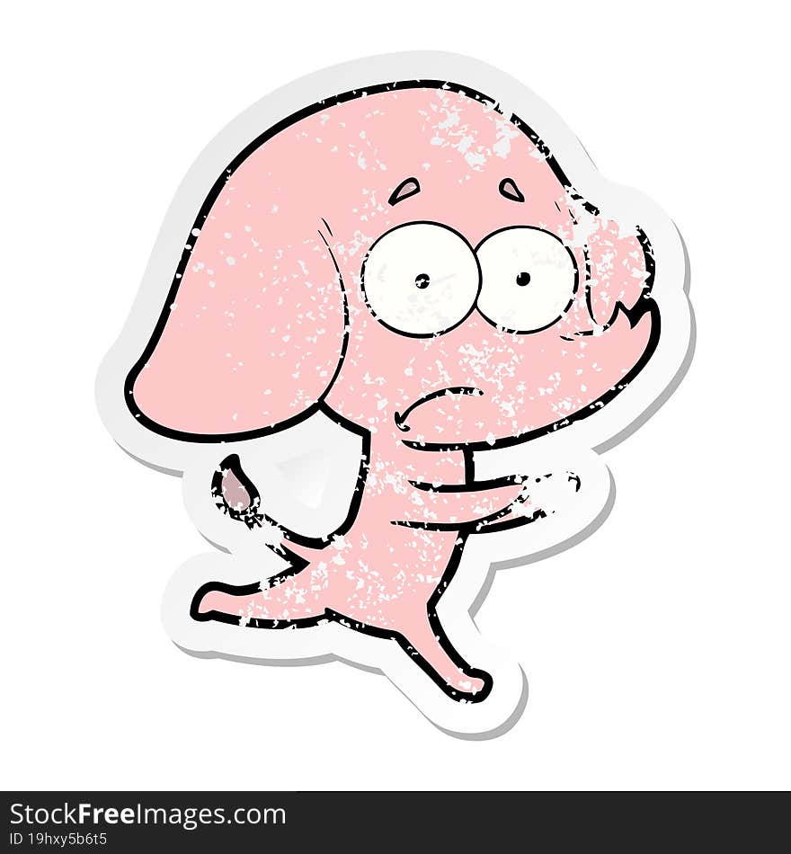 distressed sticker of a cartoon unsure elephant running away