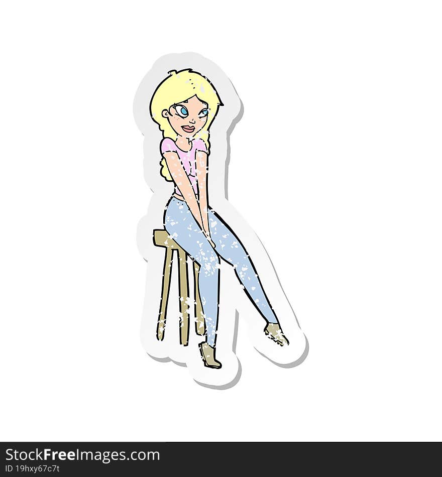 retro distressed sticker of a cartoon pretty girl on stool