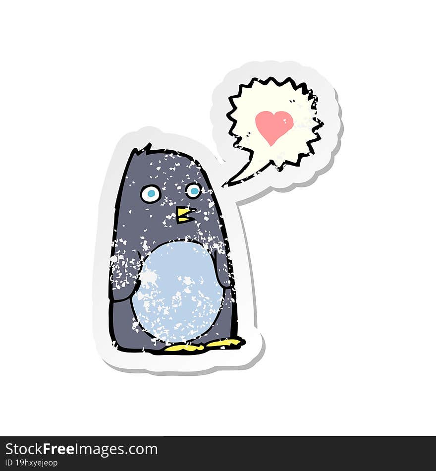 Retro Distressed Sticker Of A Cartoon Penguin With Love Heart