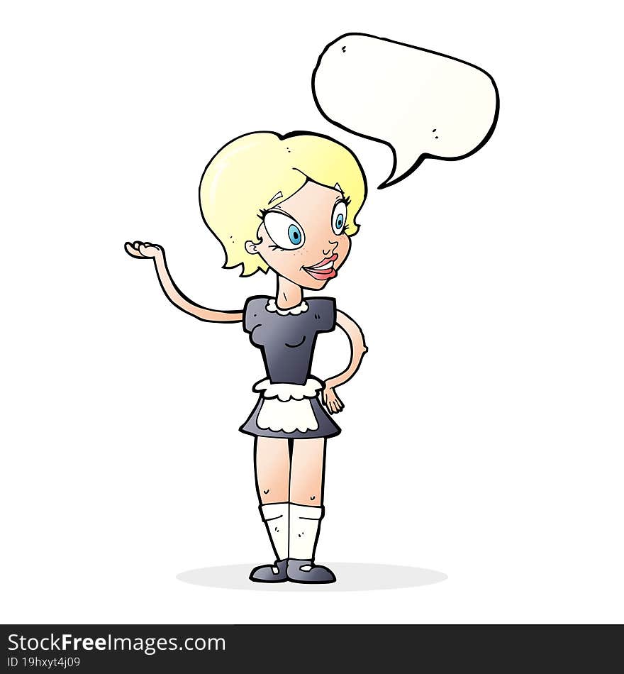 cartoon woman in maid costume with speech bubble