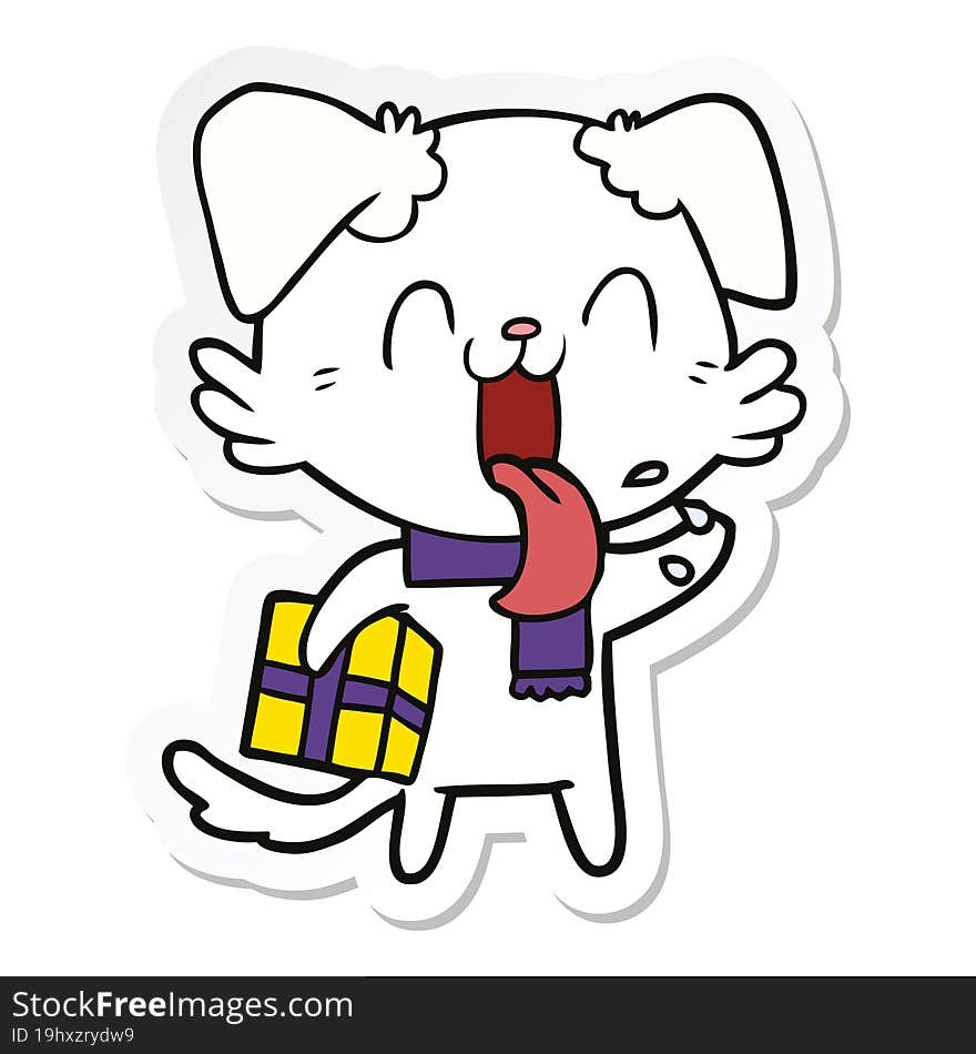 sticker of a cartoon panting dog with present