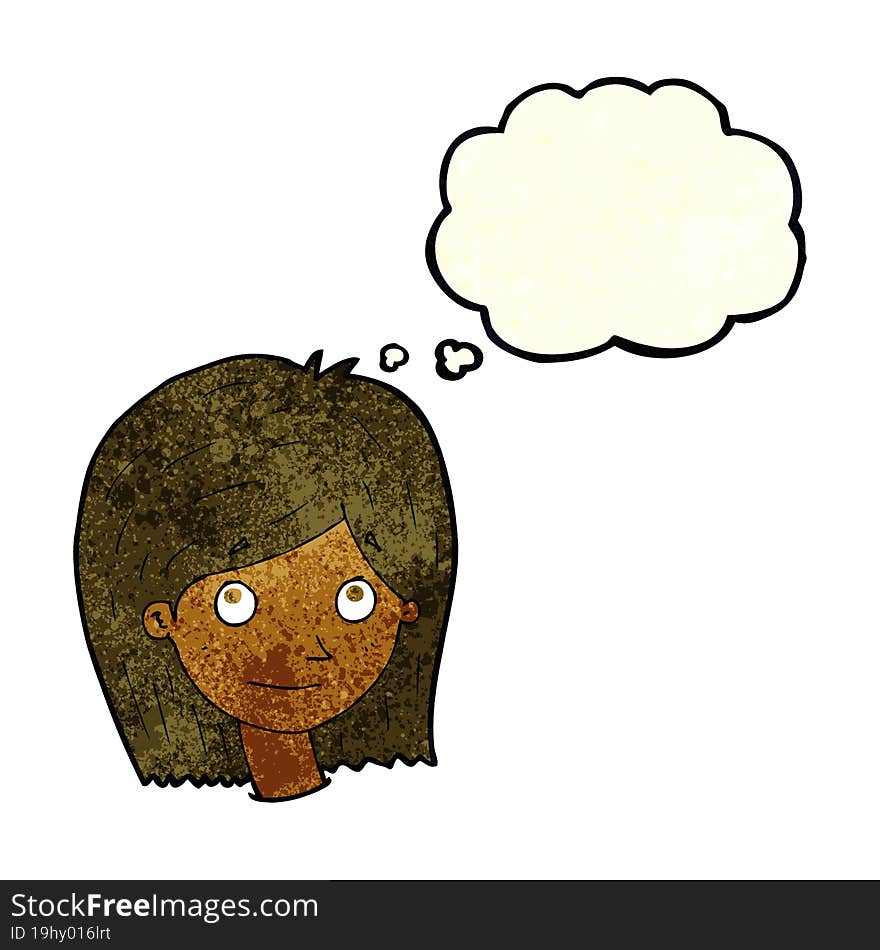 cartoon happy female face with thought bubble