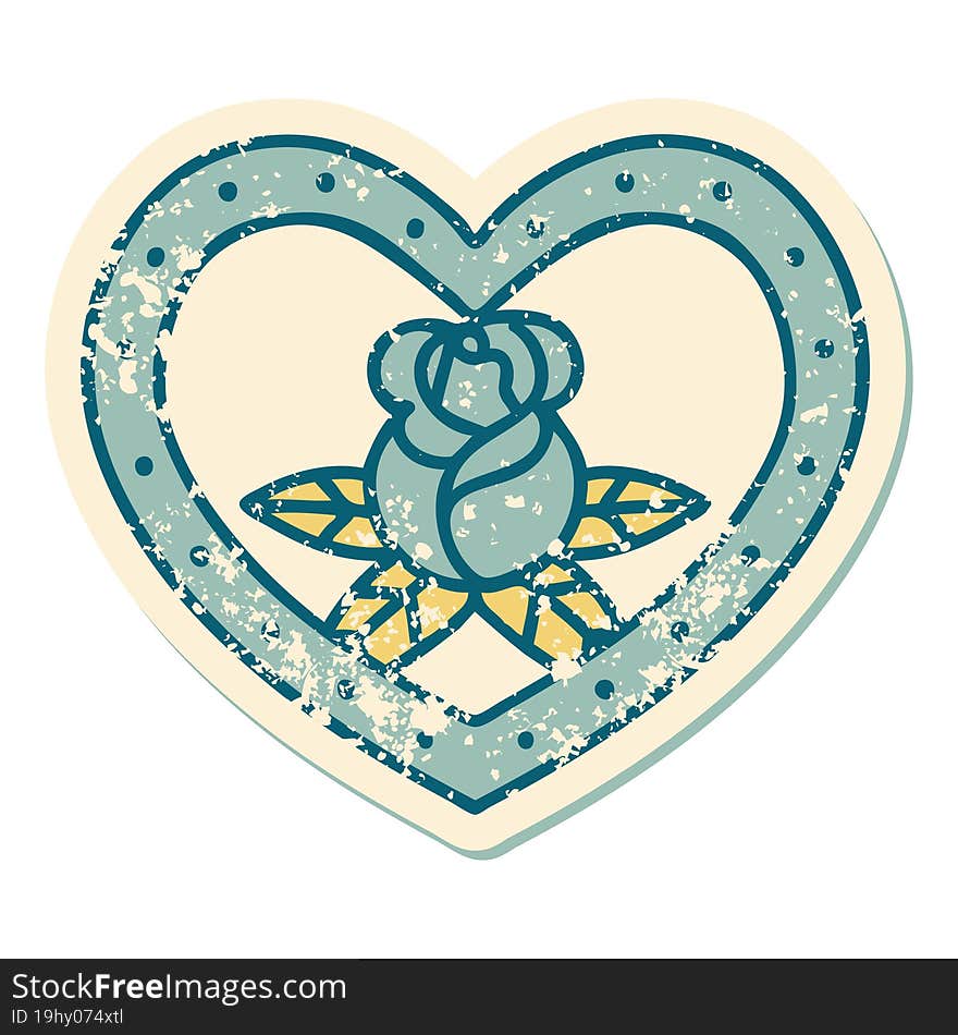 iconic distressed sticker tattoo style image of a heart and flowers. iconic distressed sticker tattoo style image of a heart and flowers