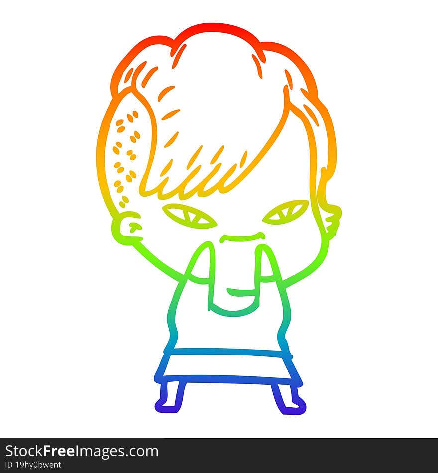 rainbow gradient line drawing cute cartoon girl with hipster haircut