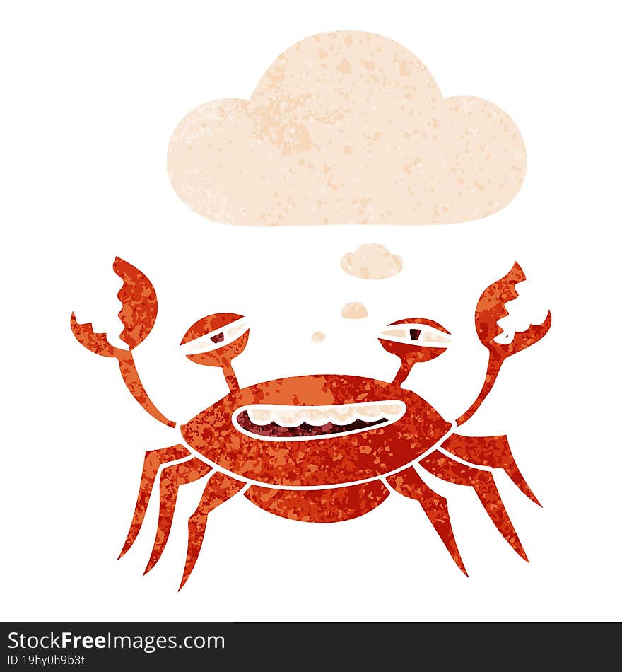 cartoon crab and thought bubble in retro textured style