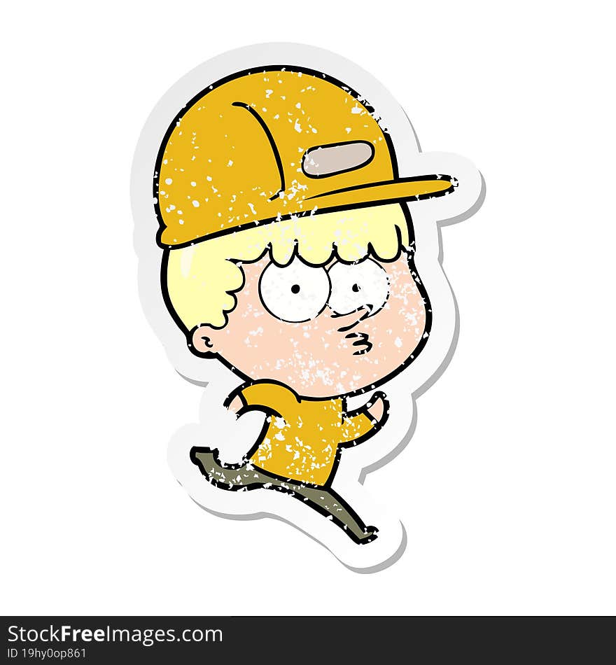 Distressed Sticker Of A Cartoon Man In Builders Hat Running