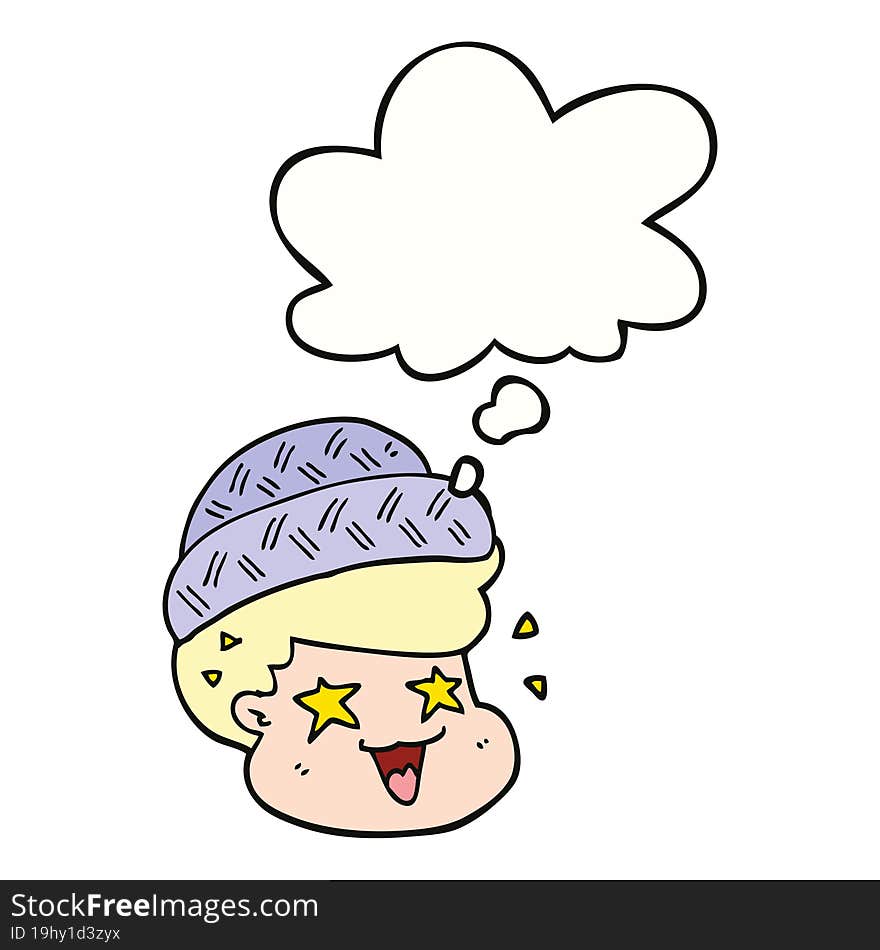 Cartoon Boy Wearing Hat And Thought Bubble