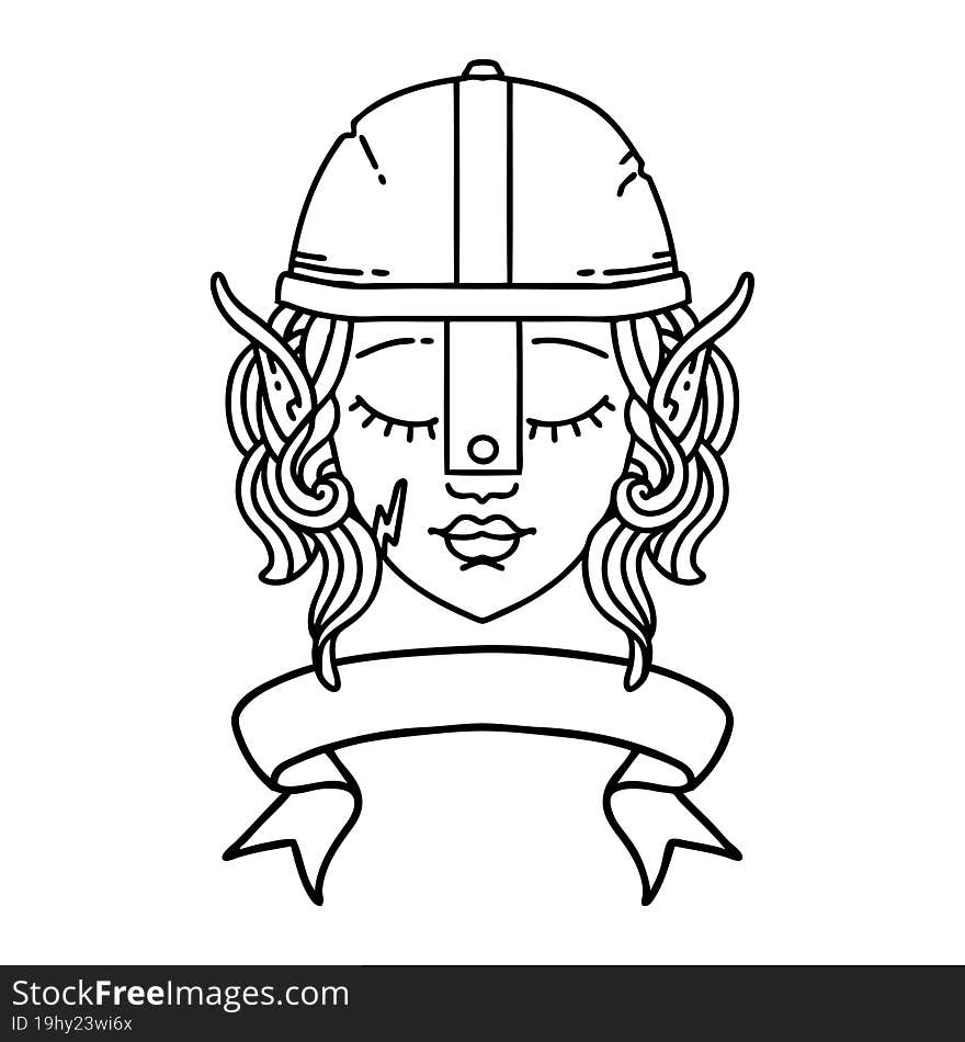 Black and White Tattoo linework Style elf fighter character face with banner. Black and White Tattoo linework Style elf fighter character face with banner