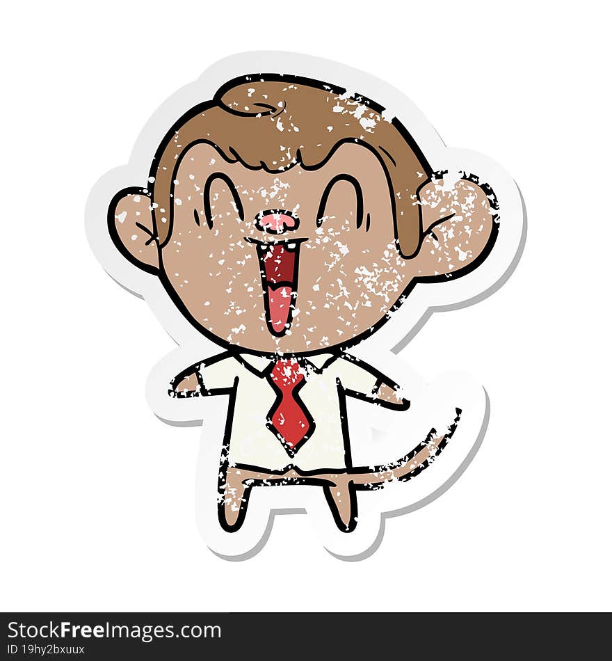 distressed sticker of a cartoon laughing monkey