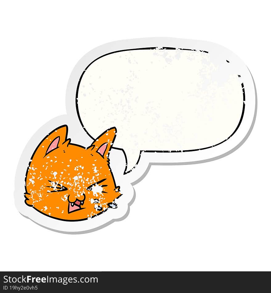 Spitting Cartoon Cat Face And Speech Bubble Distressed Sticker