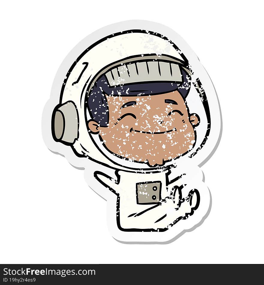 distressed sticker of a happy cartoon astronaut