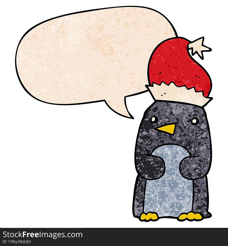 cute christmas penguin and speech bubble in retro texture style