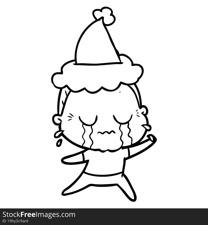 line drawing of a crying old lady wearing santa hat