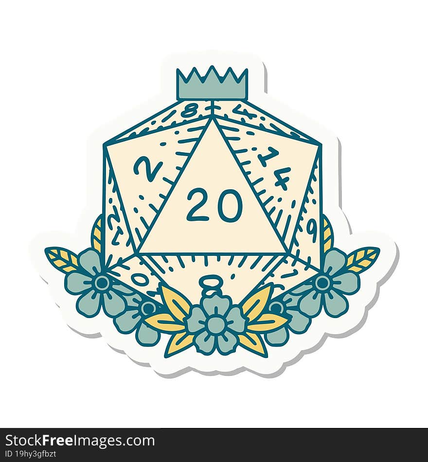 sticker of a natural 20 D20 dice roll with floral elements. sticker of a natural 20 D20 dice roll with floral elements