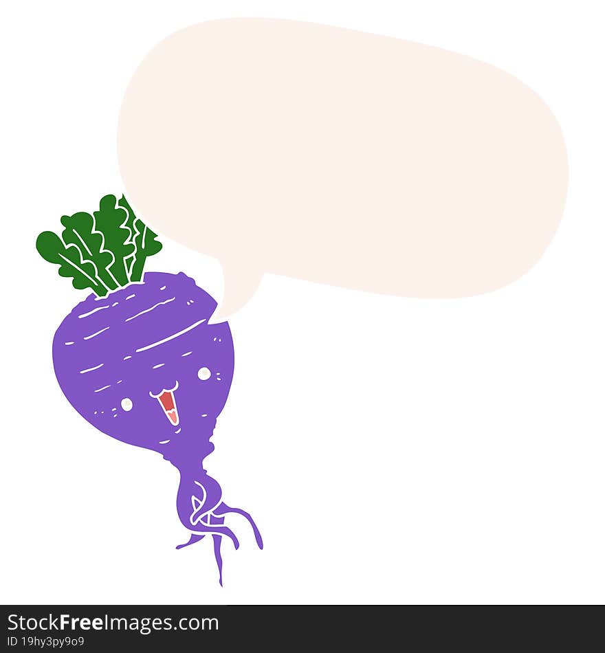 cartoon turnip with speech bubble in retro style