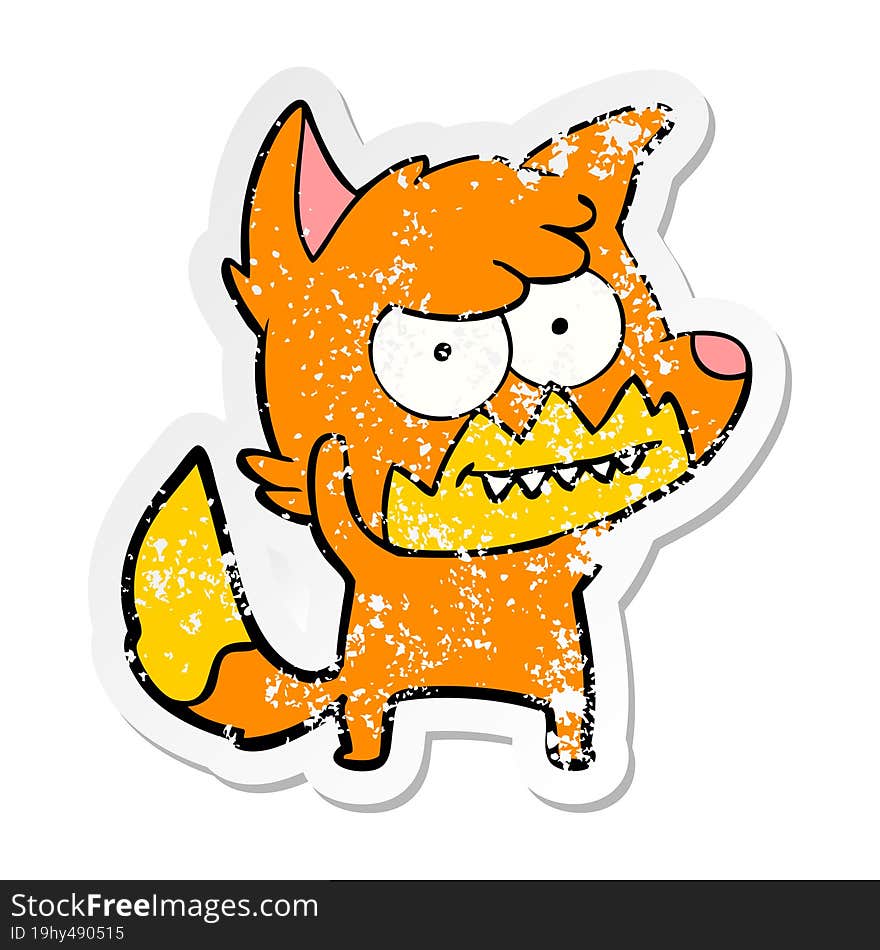 distressed sticker of a cartoon grinning fox