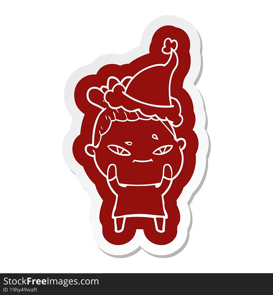 quirky cartoon  sticker of a woman wearing santa hat