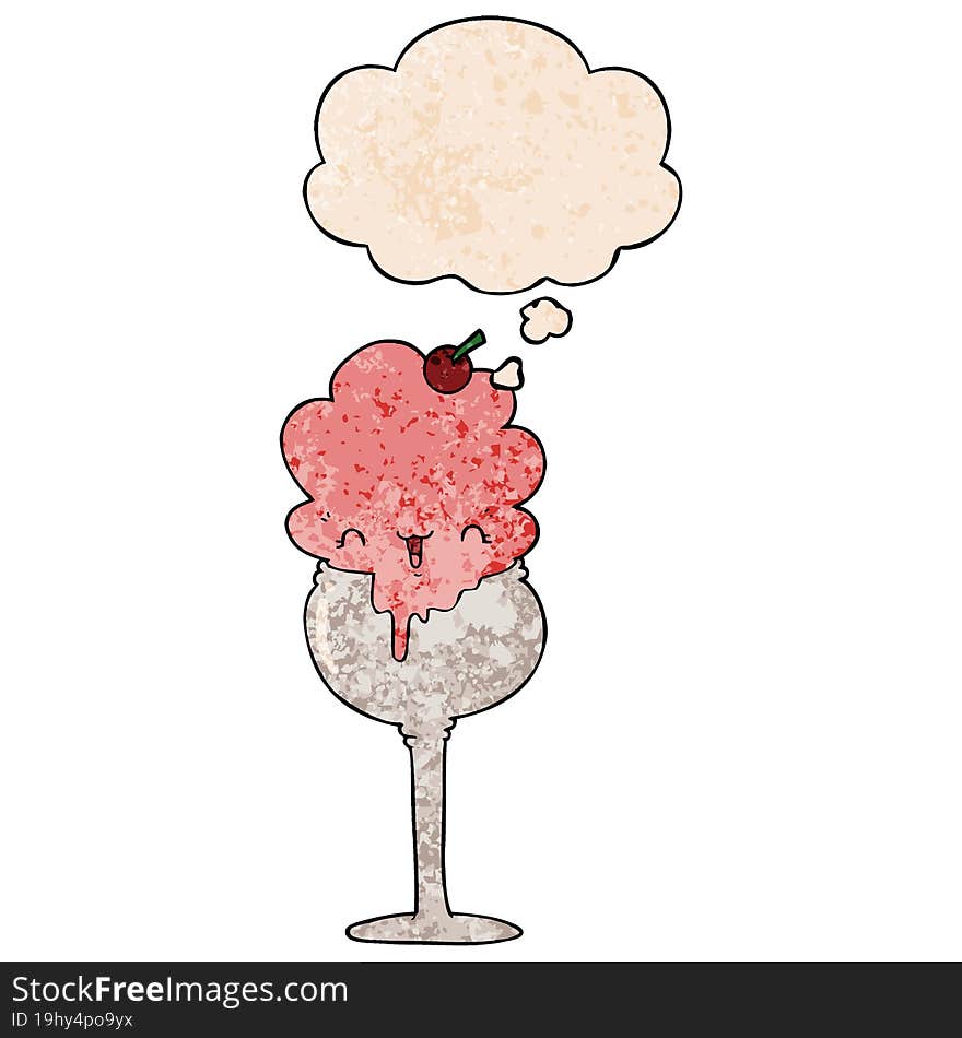 cute cartoon ice cream desert and thought bubble in grunge texture pattern style