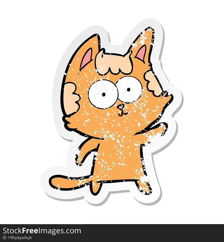 distressed sticker of a happy cartoon cat