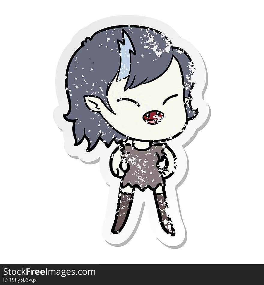 distressed sticker of a cartoon laughing vampire girl