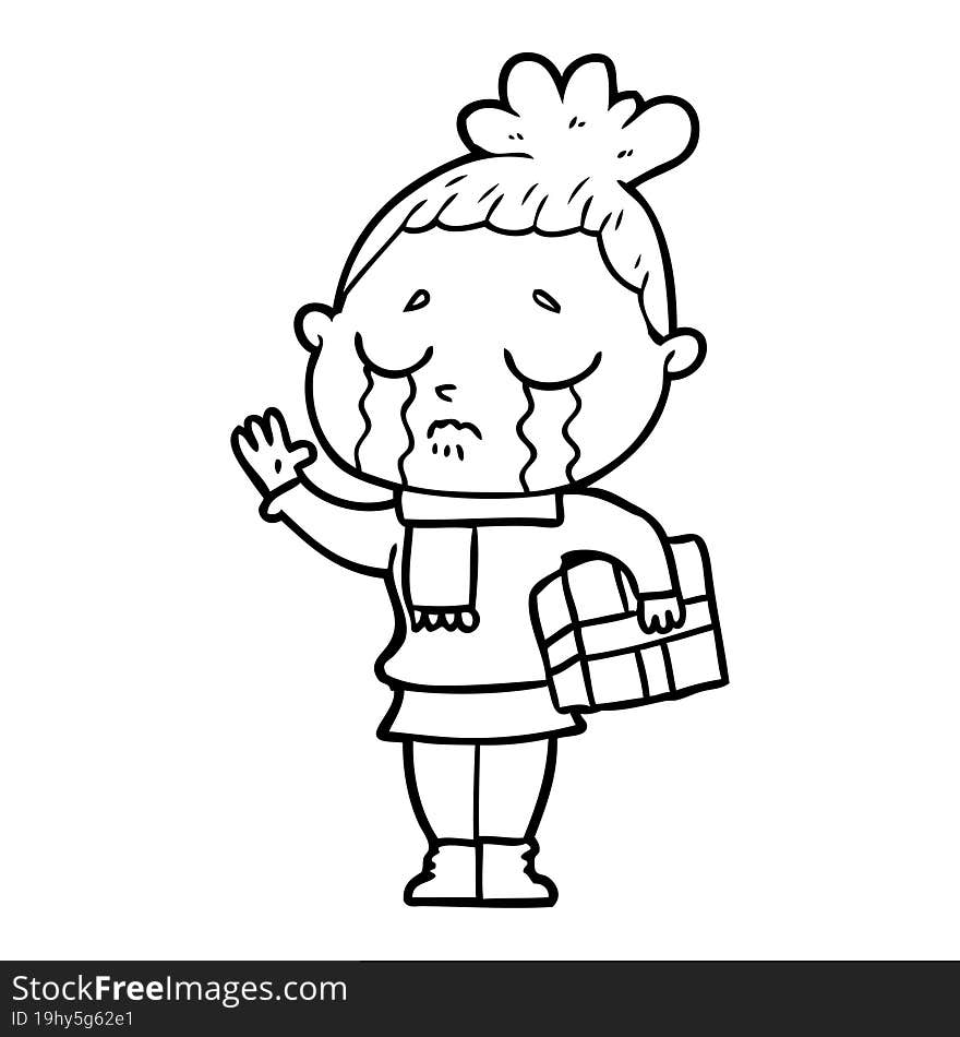 cartoon crying woman with christmas gift. cartoon crying woman with christmas gift