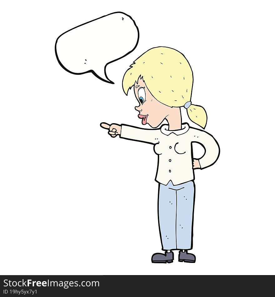 cartoon enthusiastic woman pointing with speech bubble