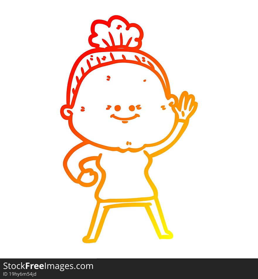 warm gradient line drawing of a cartoon happy old woman