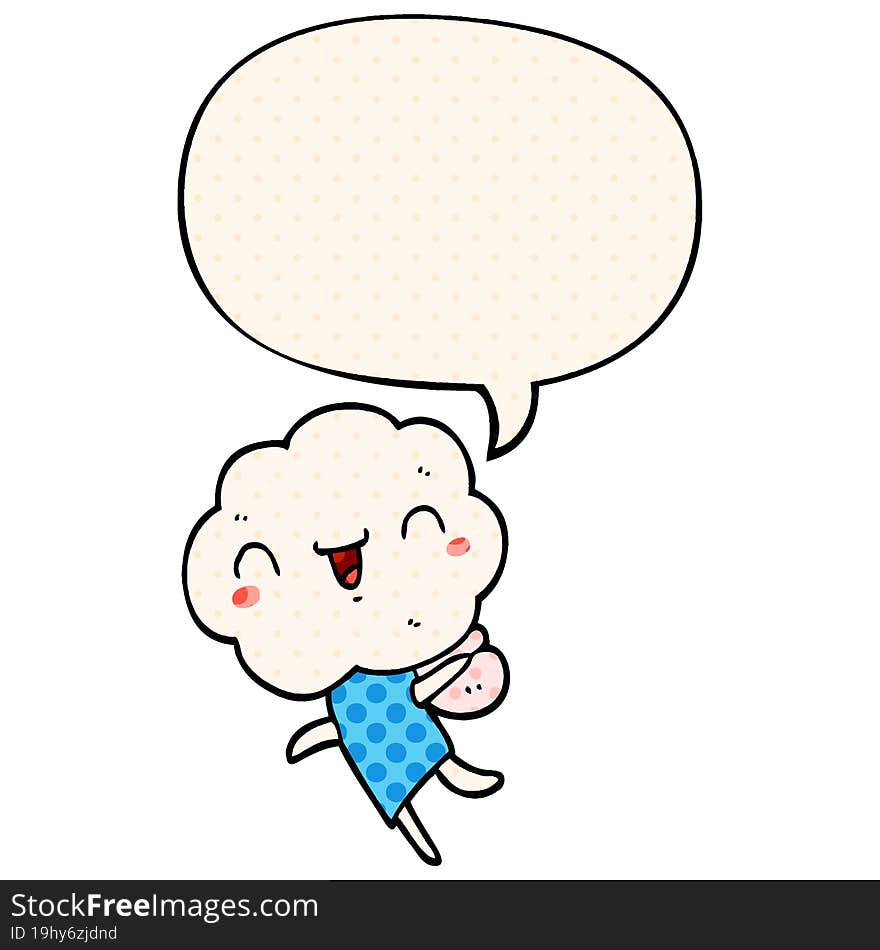 cute cartoon cloud head creature and speech bubble in comic book style