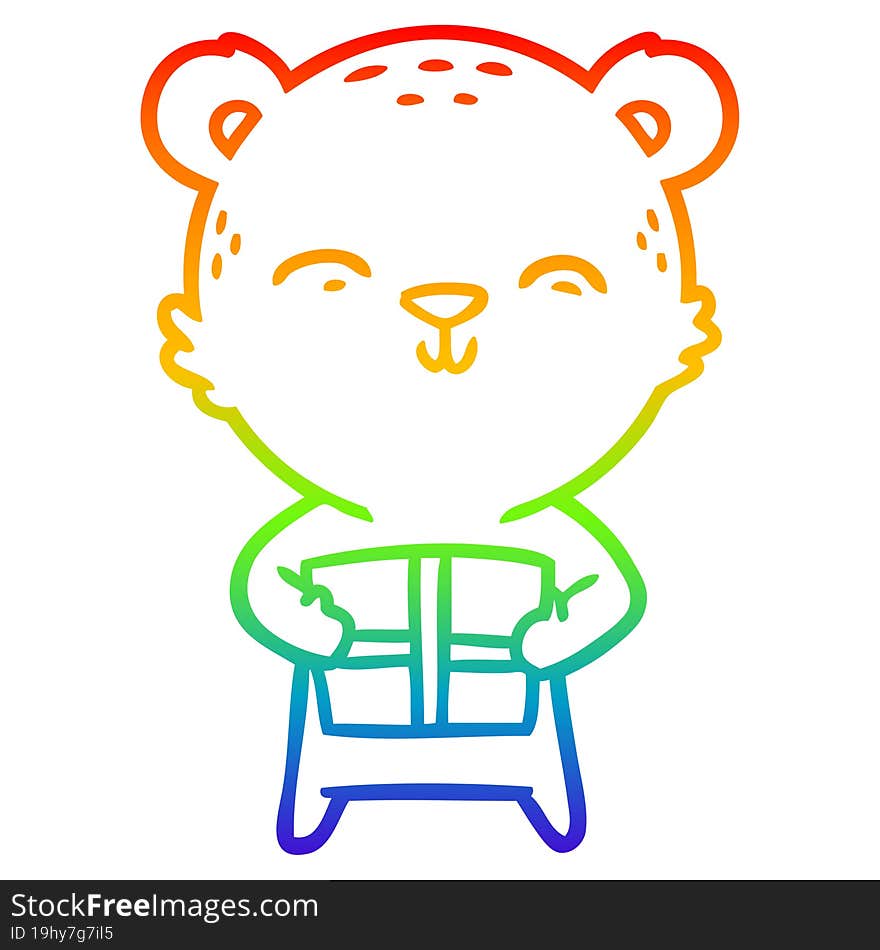 Rainbow Gradient Line Drawing Happy Cartoon Bear With Gift