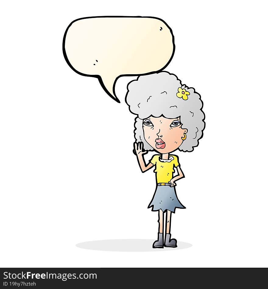 cartoon woman waving with speech bubble