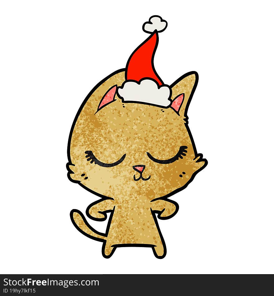 Calm Textured Cartoon Of A Cat Wearing Santa Hat