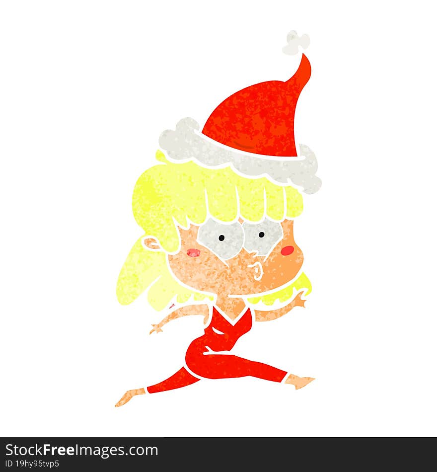 retro cartoon of a woman running wearing santa hat