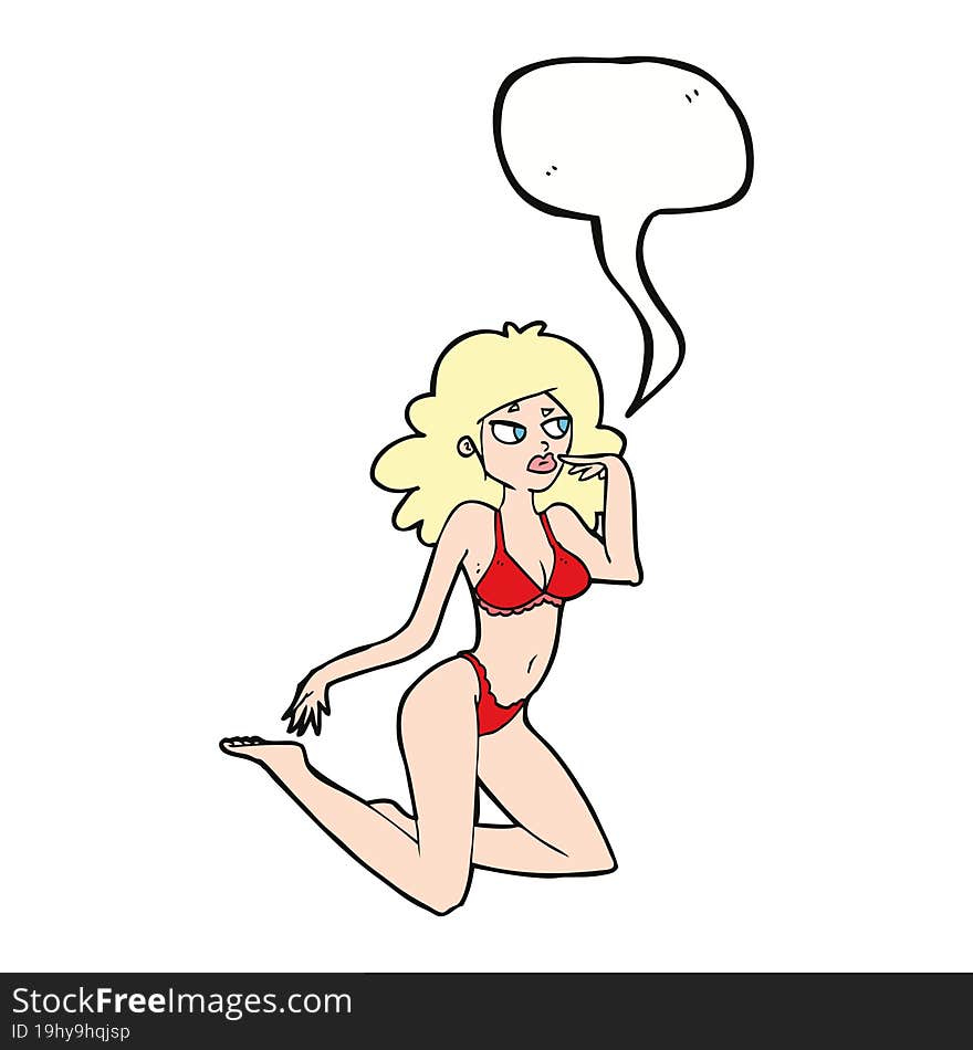 cartoon woman in underwear looking speechful with speech bubble