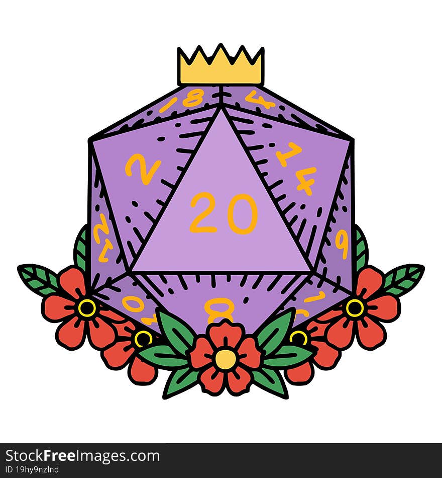 Natural 20 D20 Dice Roll With Floral Elements Illustration