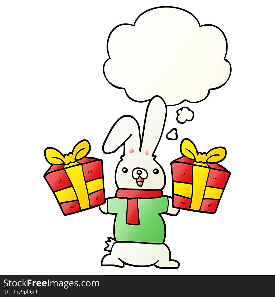 cartoon rabbit with christmas presents and thought bubble in smooth gradient style