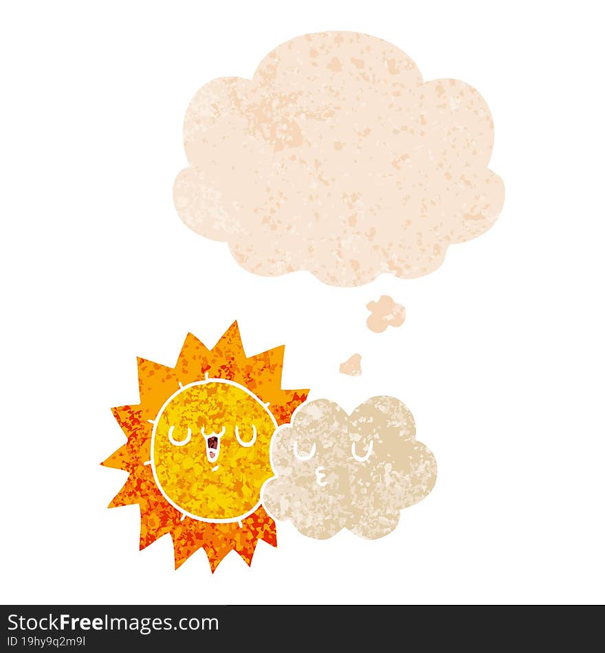 cartoon sun and cloud with thought bubble in grunge distressed retro textured style. cartoon sun and cloud with thought bubble in grunge distressed retro textured style